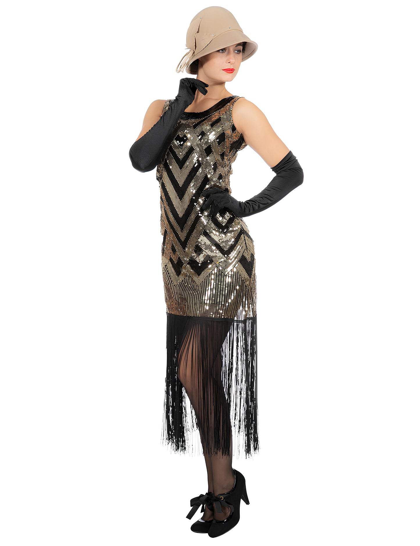 Luxusný dámsky charlestonový kostým v čiernej a zlatej farbe so flitrami 