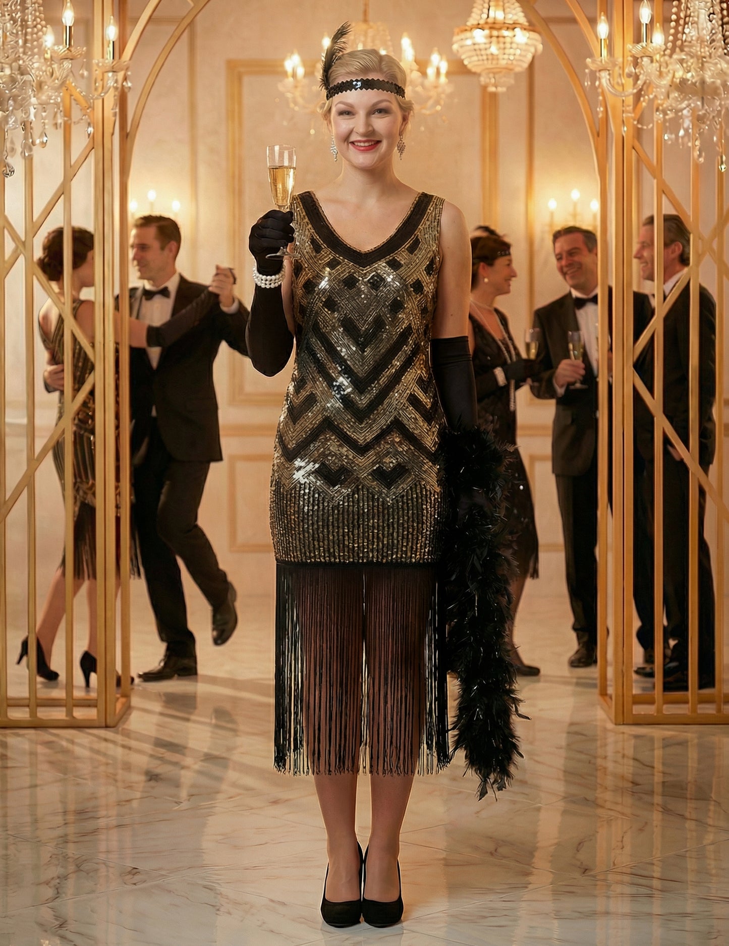 Luxusný dámsky charlestonový kostým v čiernej a zlatej farbe so flitrami 