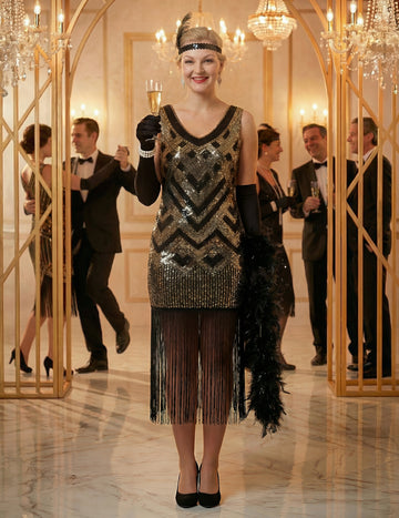 Luxusný dámsky charlestonový kostým v čiernej a zlatej farbe so flitrami 