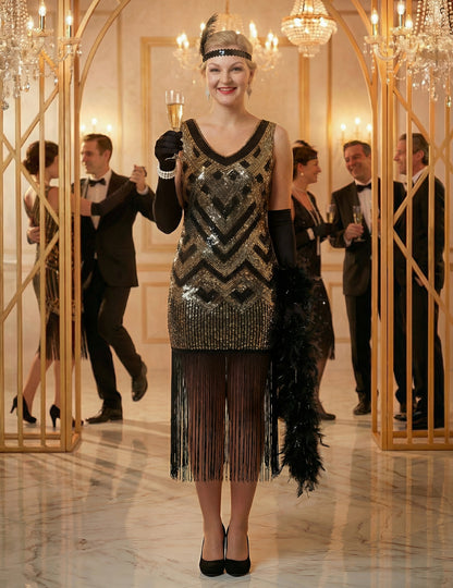 Luxusný dámsky charlestonový kostým v čiernej a zlatej farbe so flitrami 