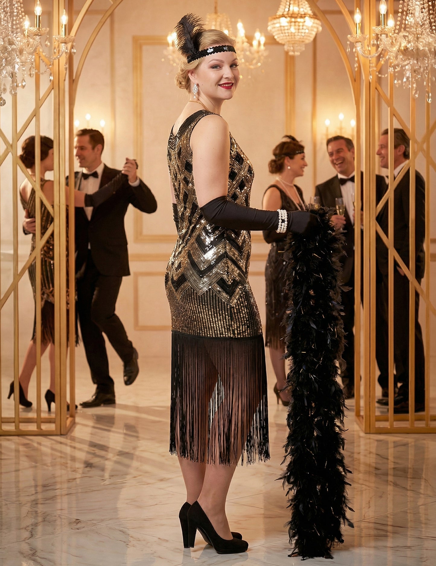 Luxusný dámsky charlestonový kostým v čiernej a zlatej farbe so flitrami 