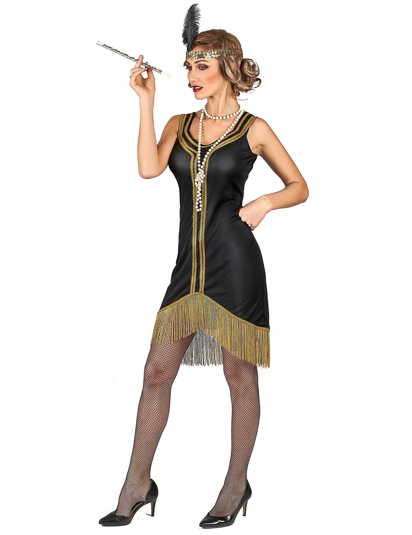 Vue de profil du déguisement Charleston pour femme noir et or à franges
