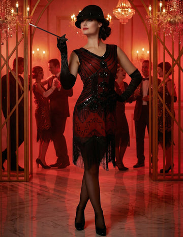 Luxusný dámsky charlestonový kostým v červenej farbe so flitrami 