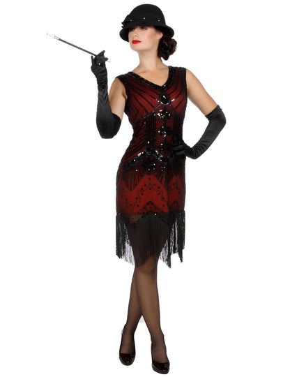 Luxusný dámsky charlestonový kostým v červenej farbe so flitrami 