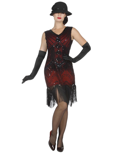 Luxusný dámsky charlestonový kostým v červenej farbe so flitrami 