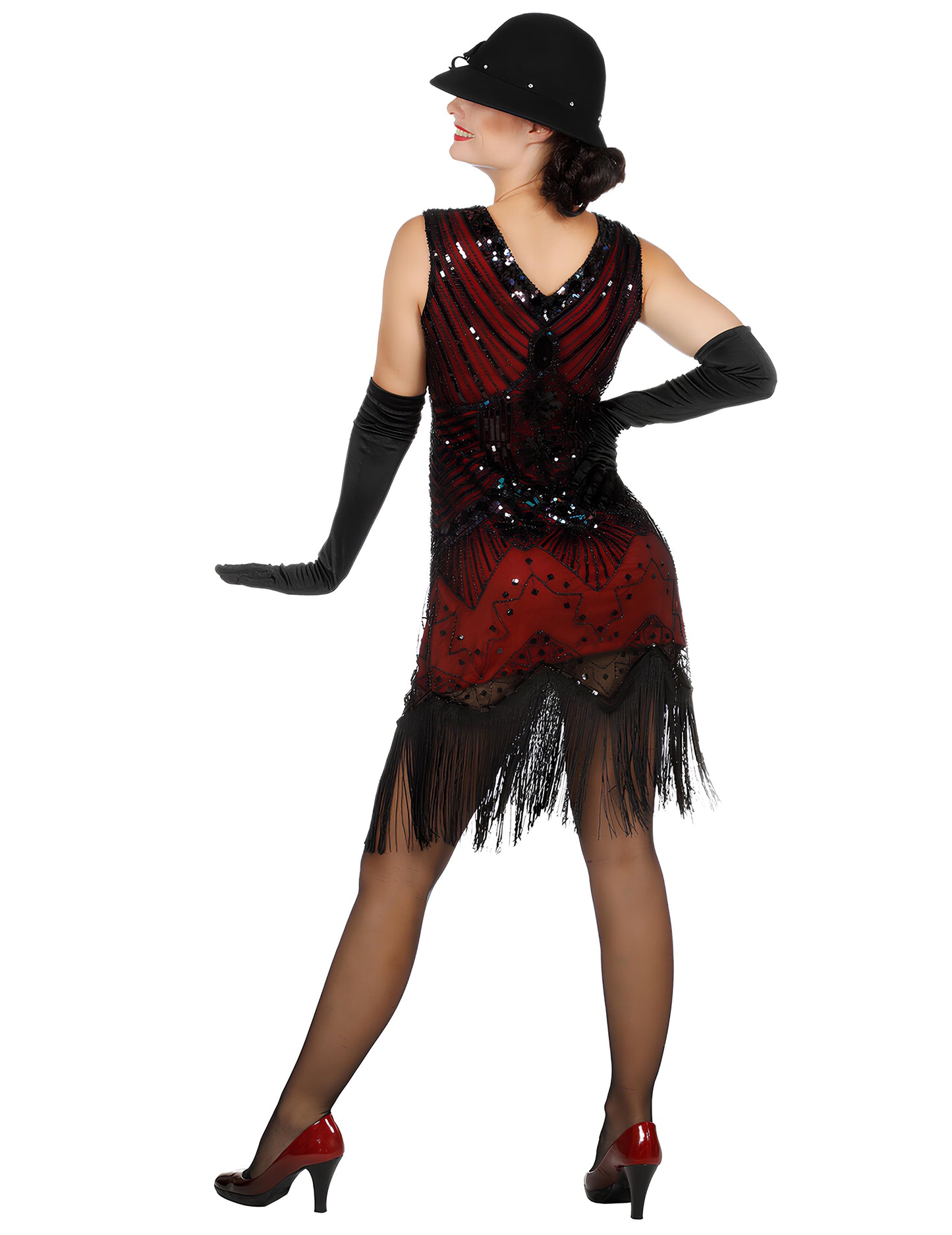 Luxusný dámsky charlestonový kostým v červenej farbe so flitrami 