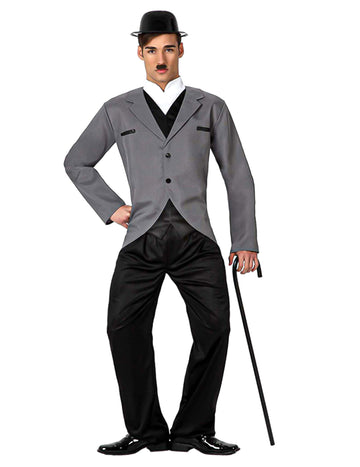 Déguisement de charlot danseur des rues pour homme gris et noir avec chapeau melon