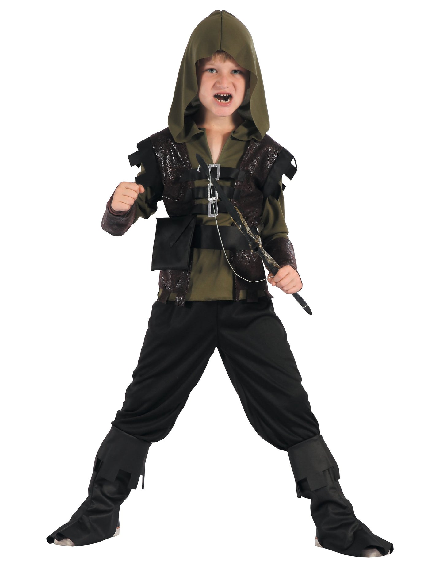 Déguisement chasseur archer pour garçon vert et marron avec capuche et arc