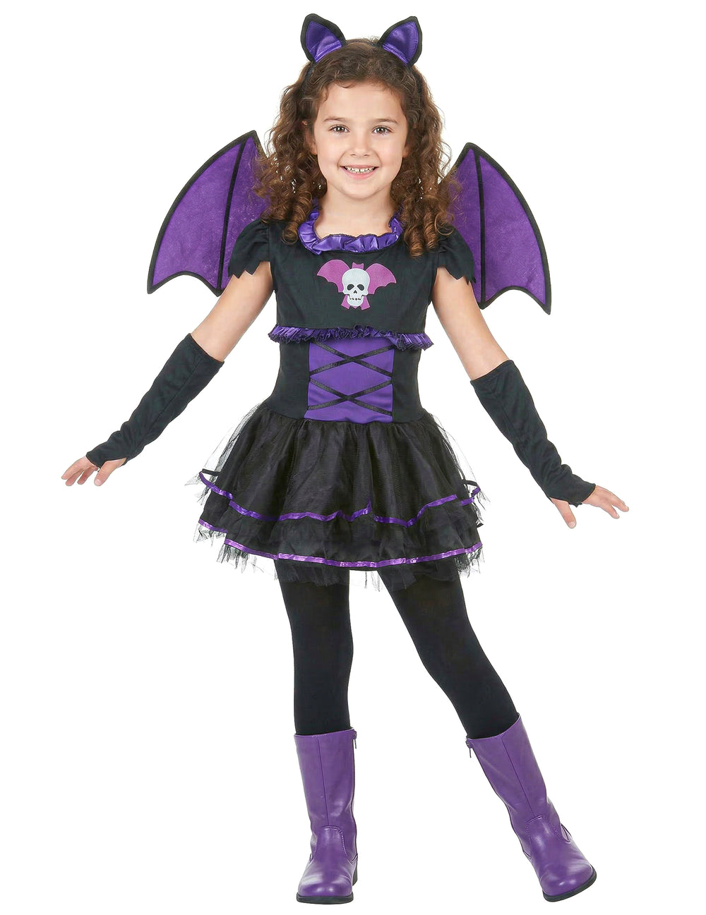 Déguisement de chauve-souris pour fille noir et violet avec ailes et serre-tête