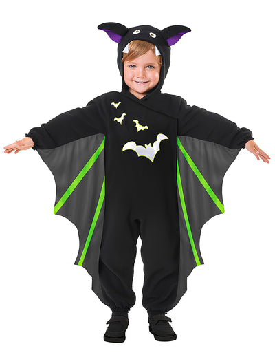 Déguisement chauve-souris volante pour enfant noir avec ailes grises et vertes