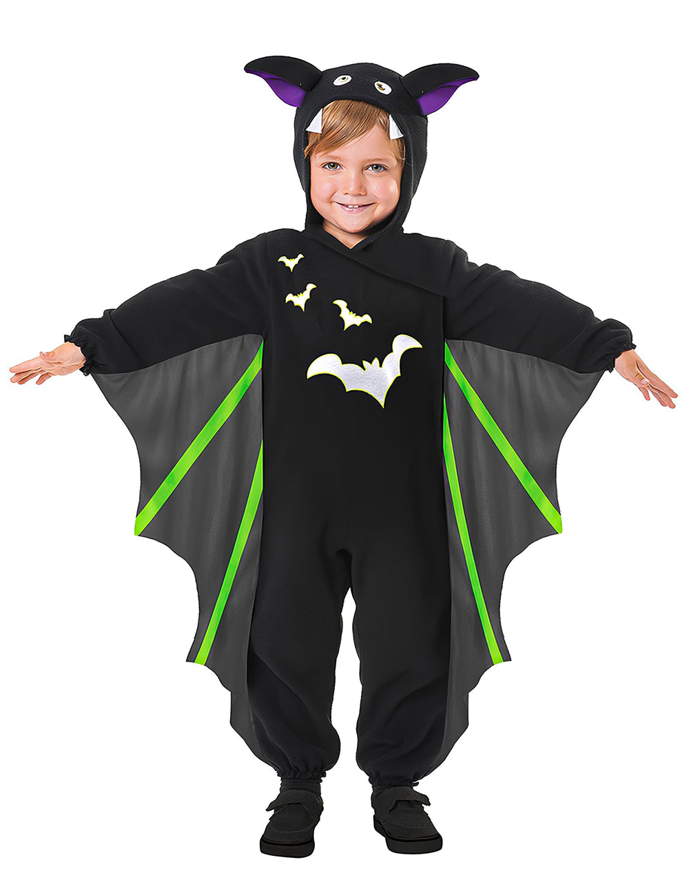 Déguisement chauve-souris volante pour enfant noir avec ailes grises et vertes