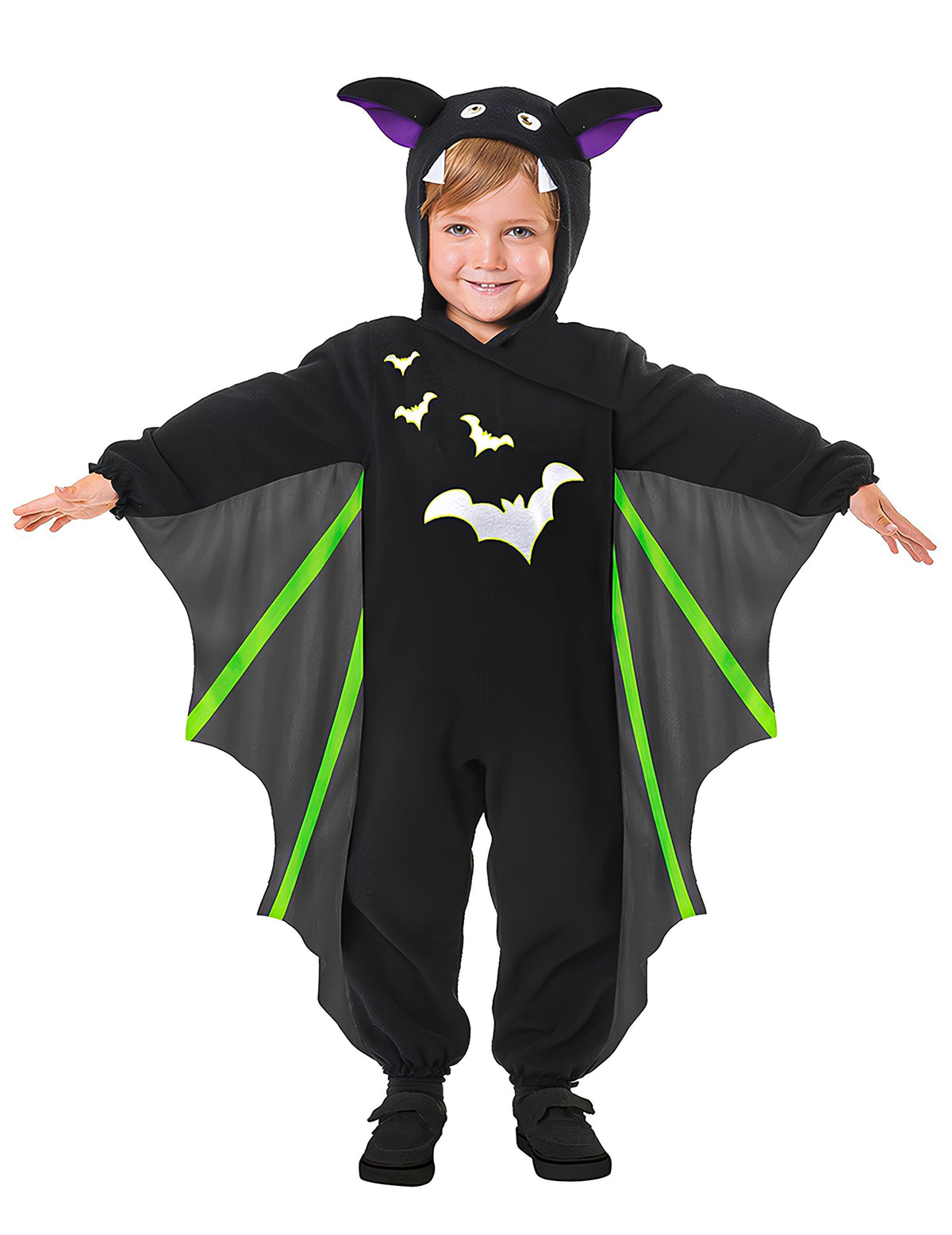 Déguisement chauve-souris volante pour enfant noir avec ailes grises et vertes