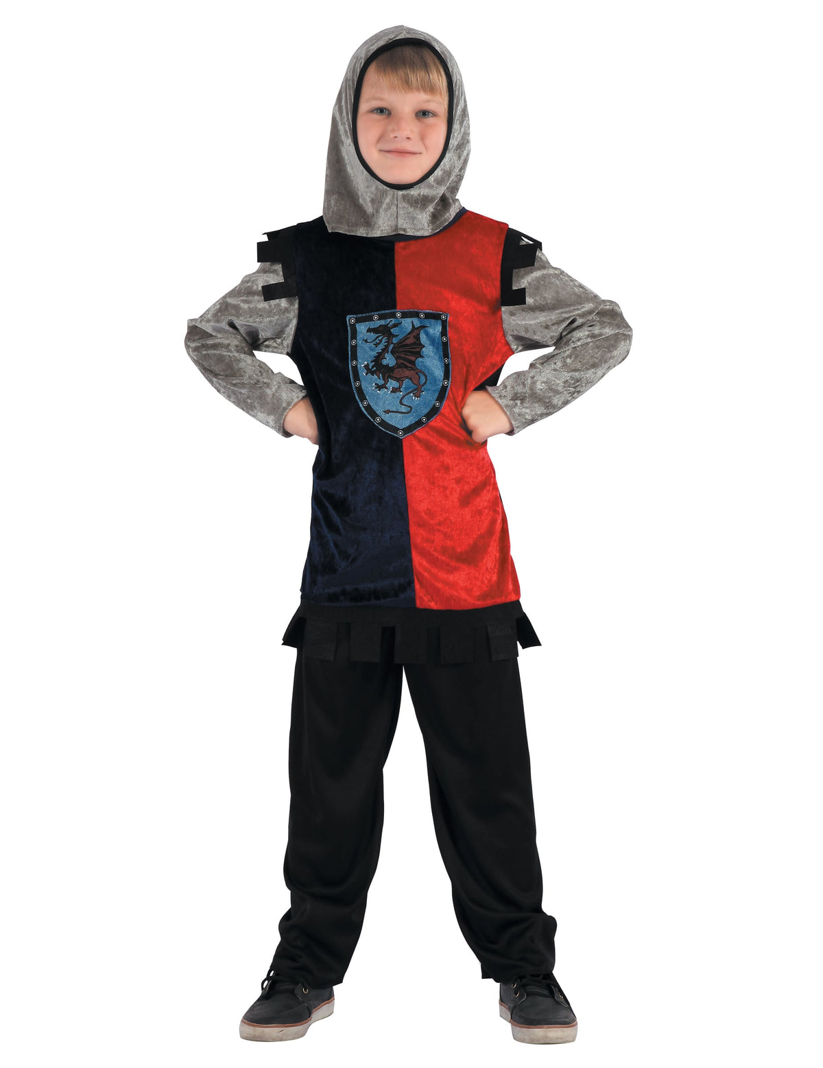 Déguisement de chevalier dragon pour garçon rouge et noir avec blason et cagoule argentée