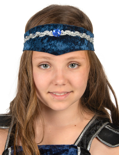 Gros plan sur le bandeau bleu et argenté du déguisement de chevalier lion royale