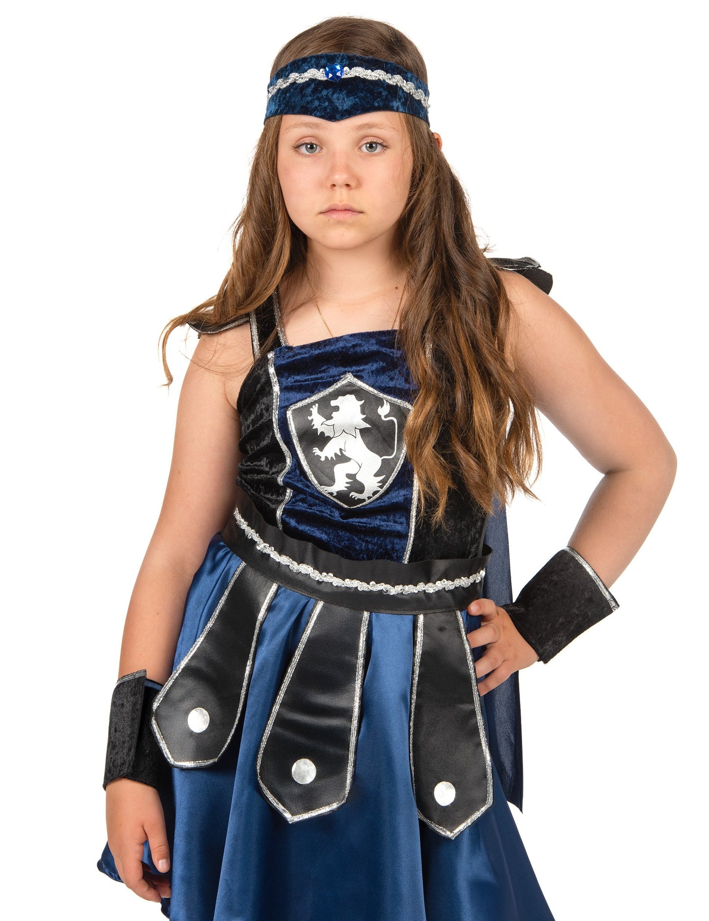 Gros plan sur le buste et le bandeau du déguisement de chevalier lion royale