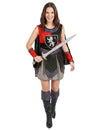 Déguisement de chevalier médiéval pour femme rouge, noir et gris avec blason de lion