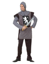 Déguisement de chevalier médiéval pour homme gris avec écusson lion et cagoule