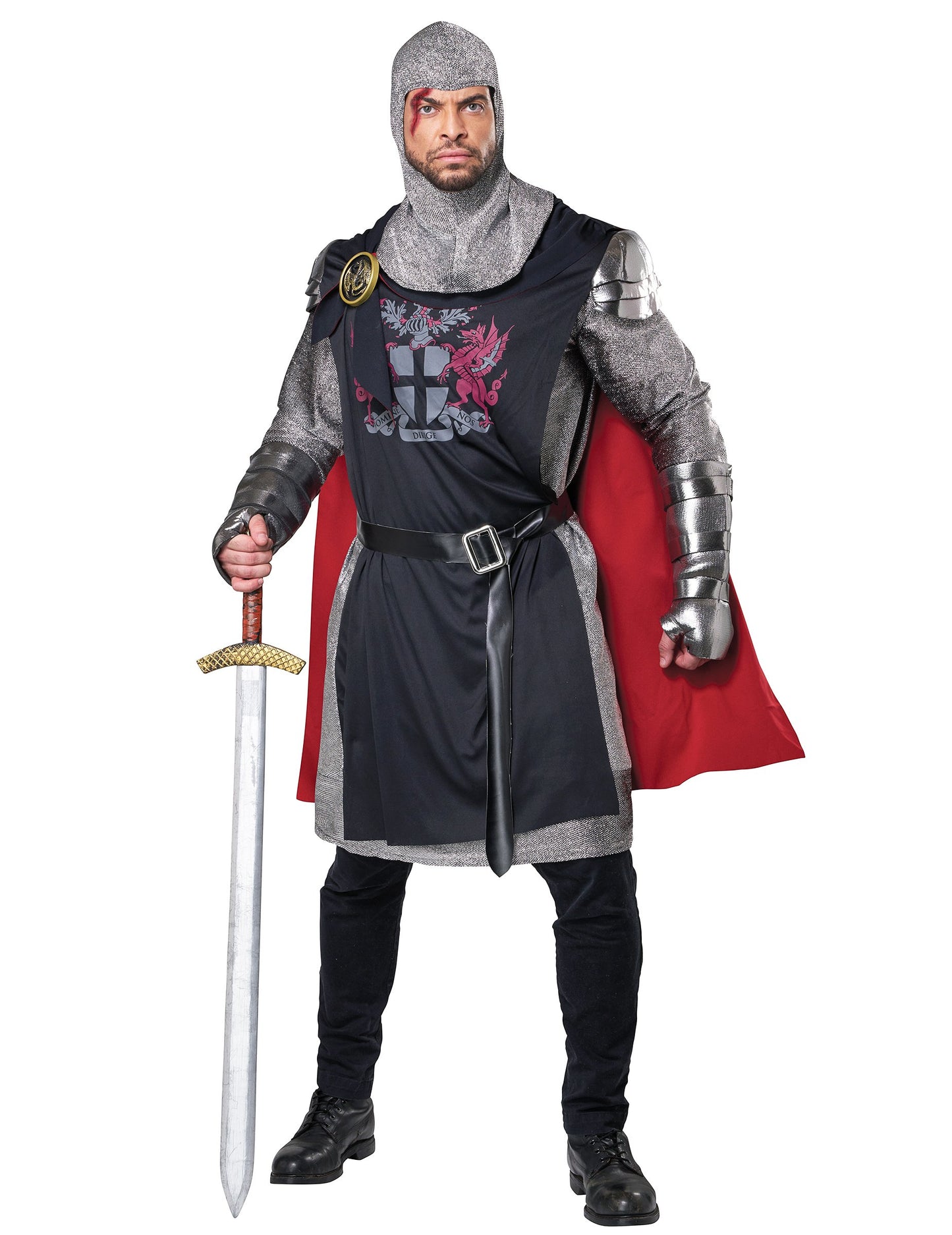 Déguisement Chevalier Médieval pour homme noir et argent avec cape rouge