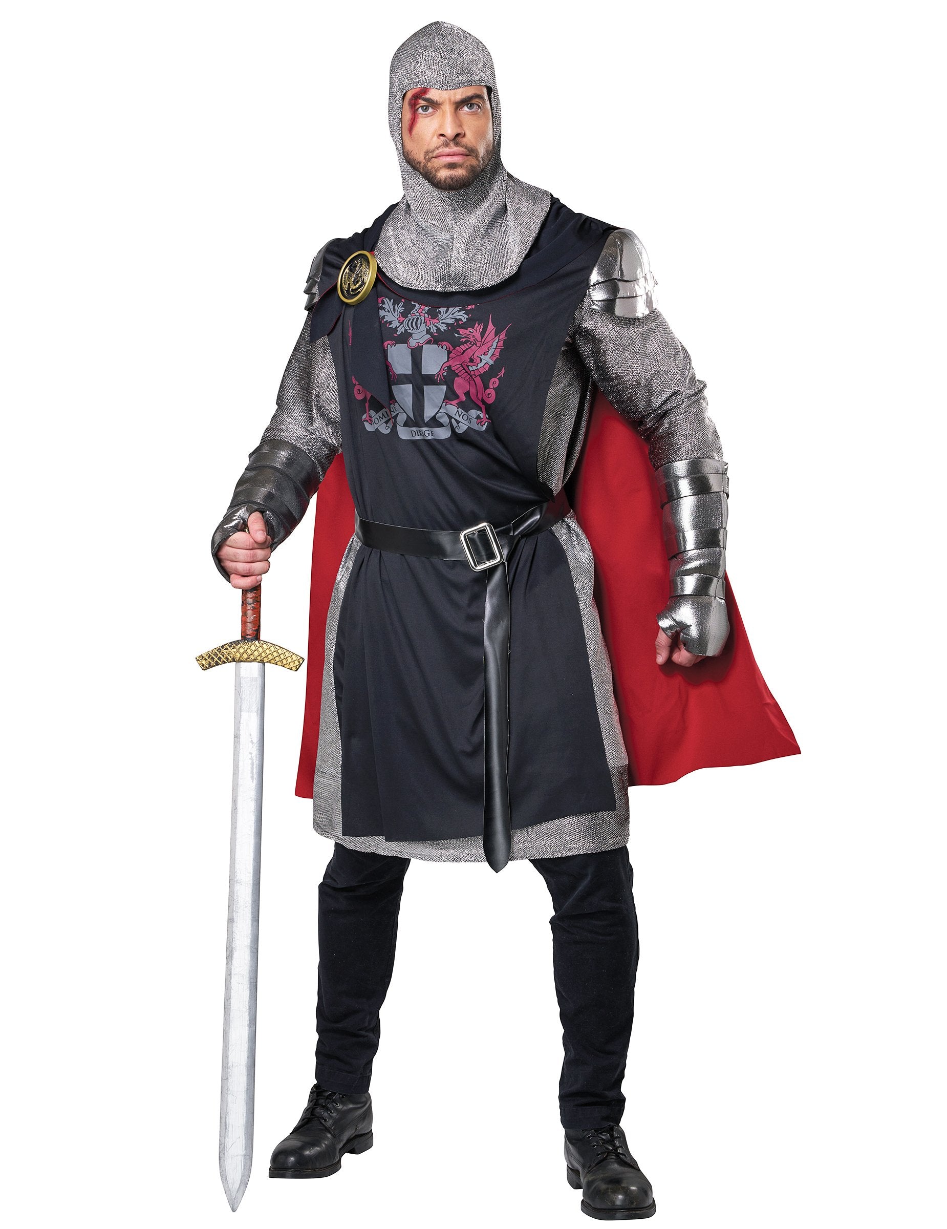 Déguisement Chevalier Médieval pour homme noir et argent avec cape rouge