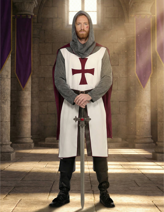 Déguisement chevalier templier luxe pour homme blanc avec croix rouge et cape bordeaux