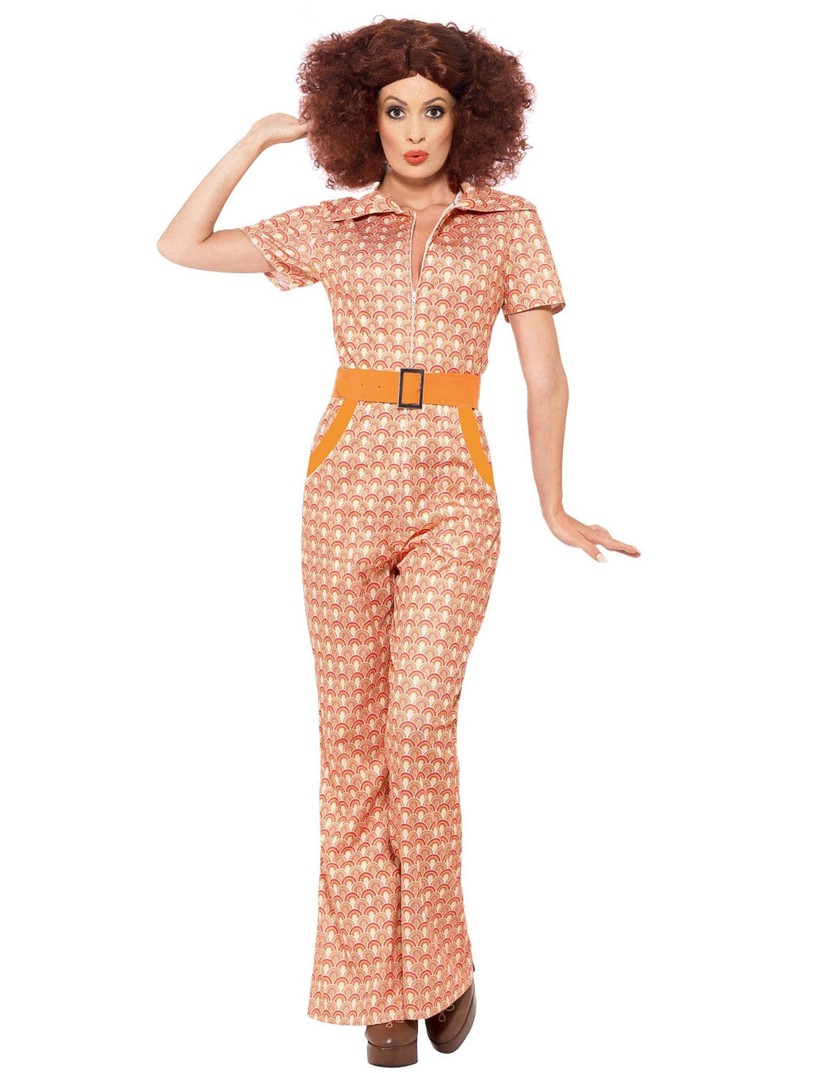 Déguisement chic années 70 pour femme orange à motifs avec ceinture