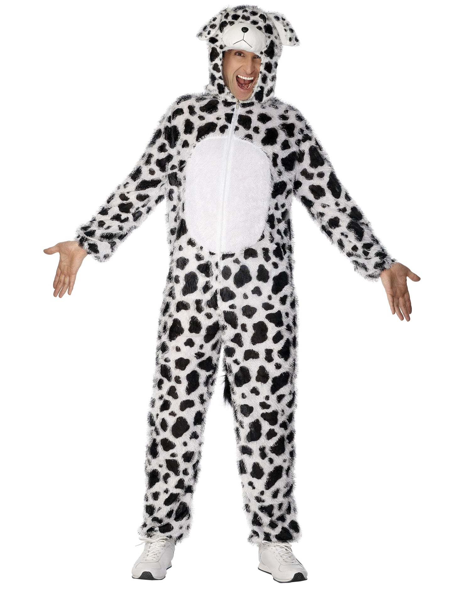 Déguisement de chien dalmatien pour adulte blanc à taches noires avec capuche à oreilles