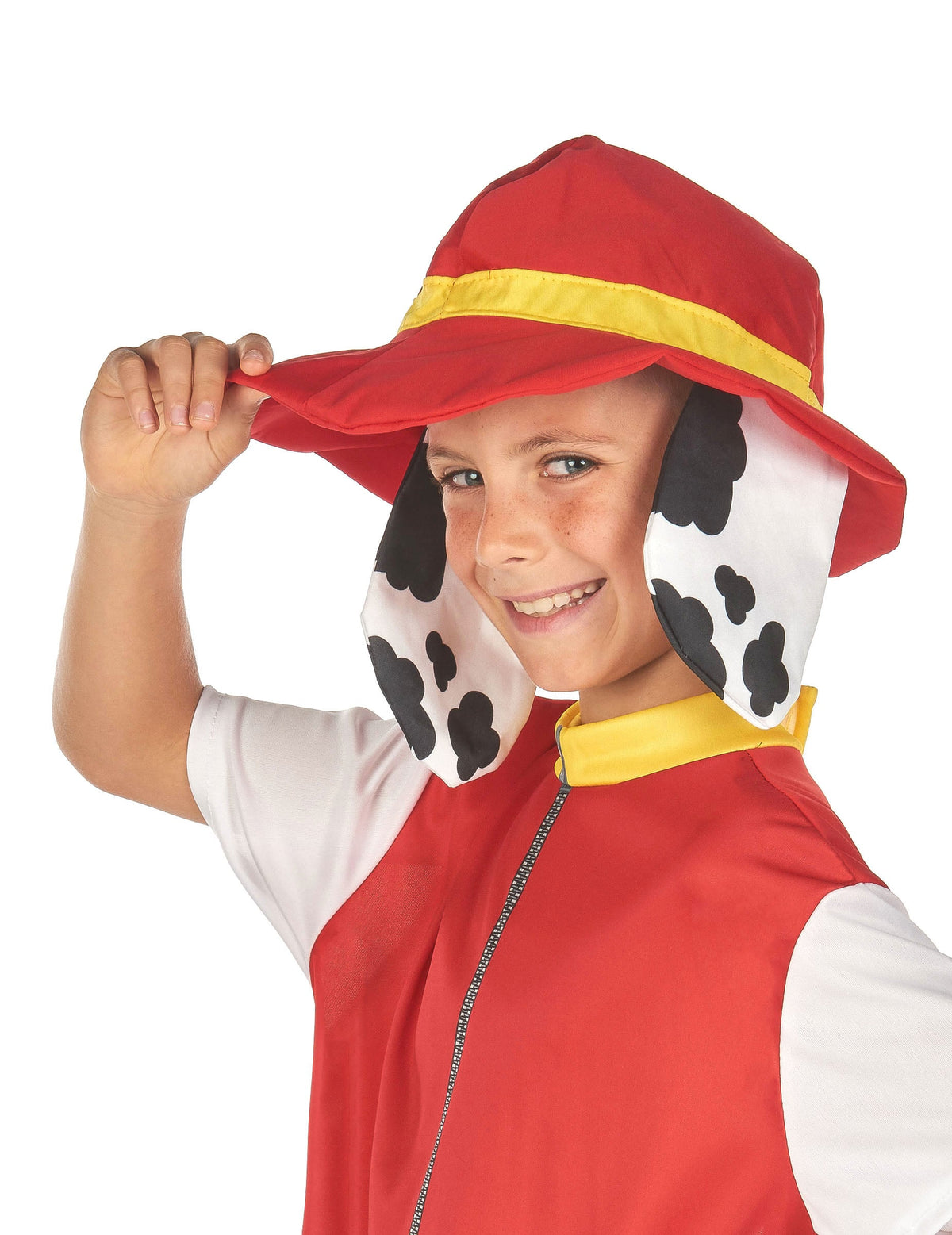 Gros plan sur le chapeau avec oreilles de dalmatien du déguisement de chien pompier pour enfant