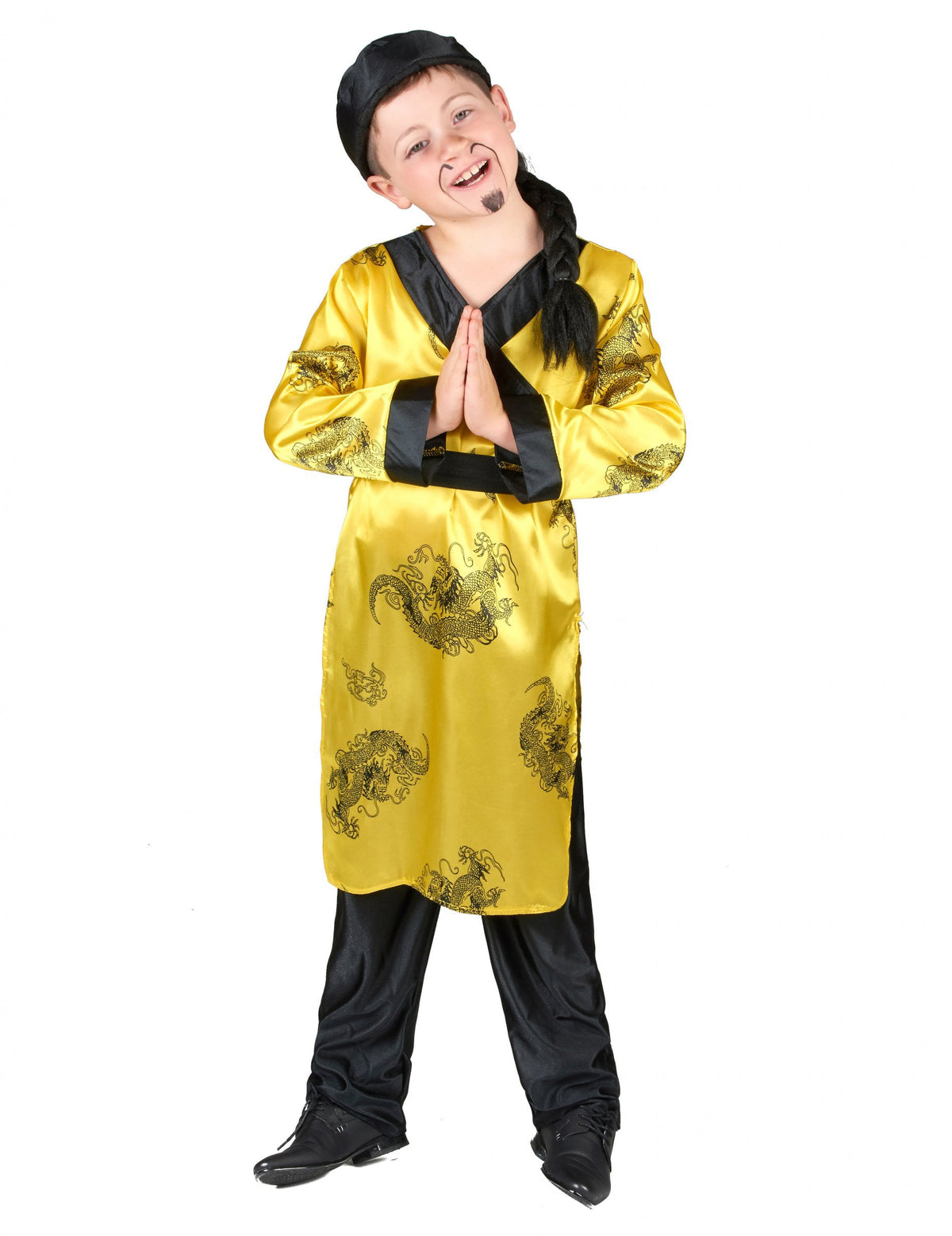 Déguisement chinois pour garçon jaune et noir à motifs dragons