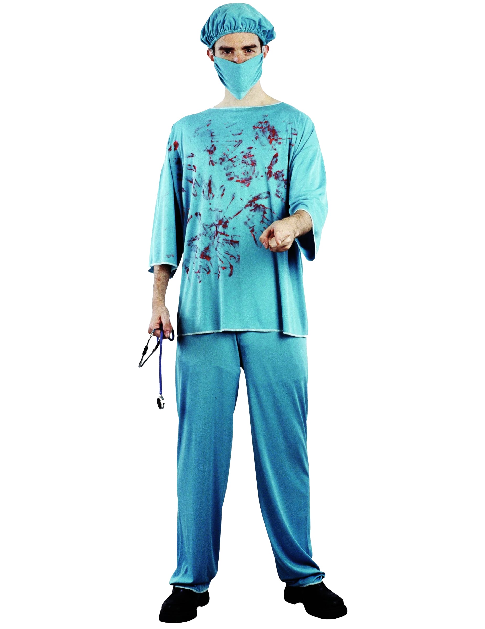 Dospelý modro-turquoise kostým krvavého chirurga so škvrnami krvi
