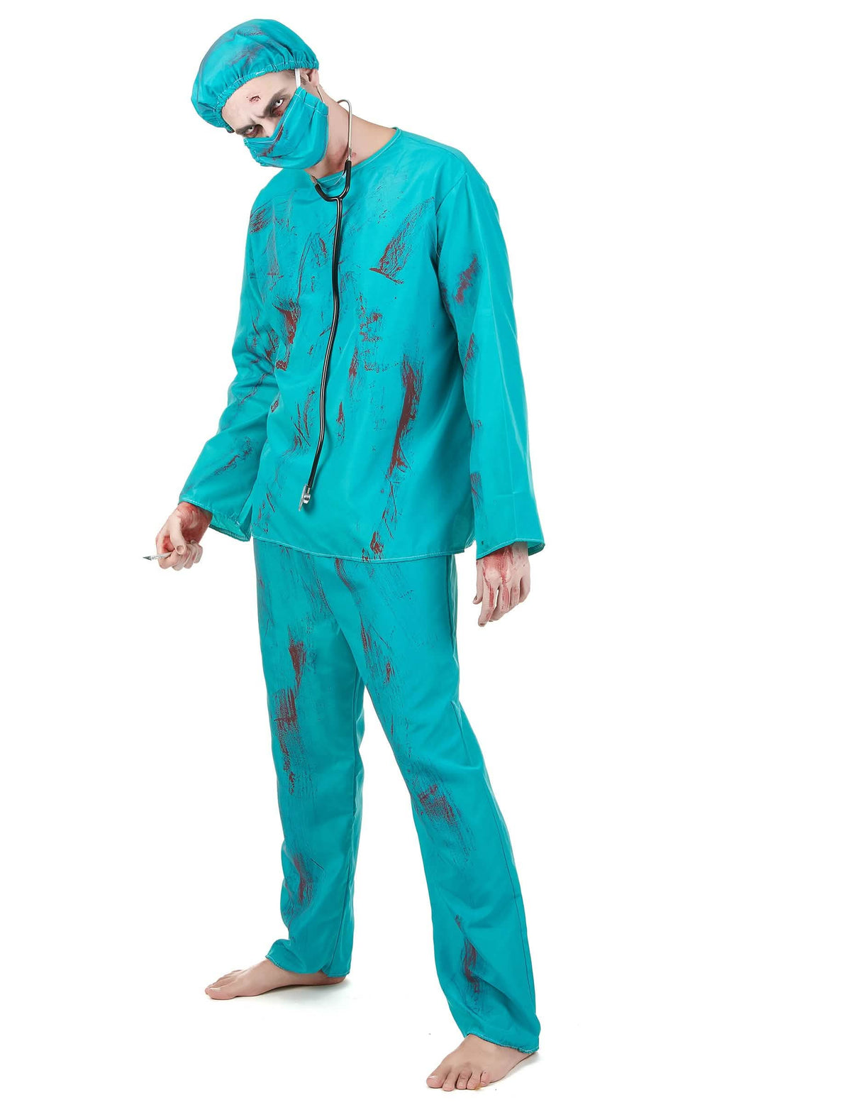 Trojštvrťový pohľad na kostým zombie chirurga