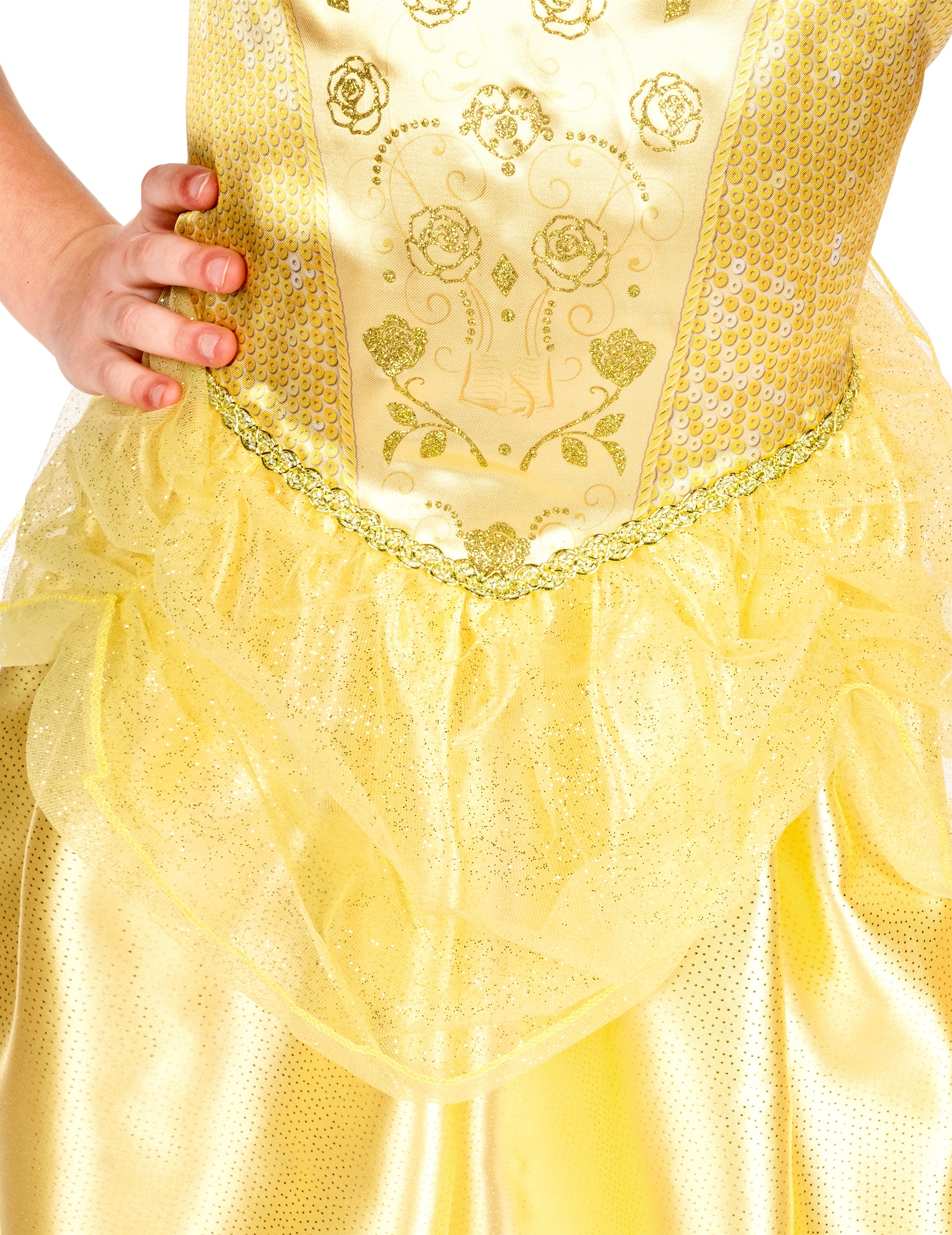 Détail de la taille et des voiles pailletés du déguisement classique Belle pour fille