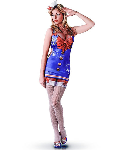 Déguisement de marin sexy pour femme bleu avec nœud rouge et chapeau