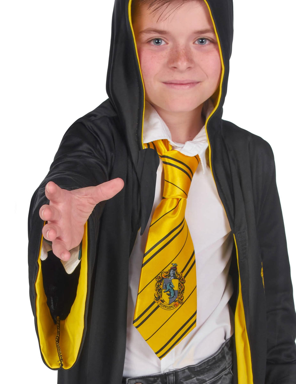 Detail na kravatu klasického kostýmu Harry Potter Poufsouffle pre dieťa