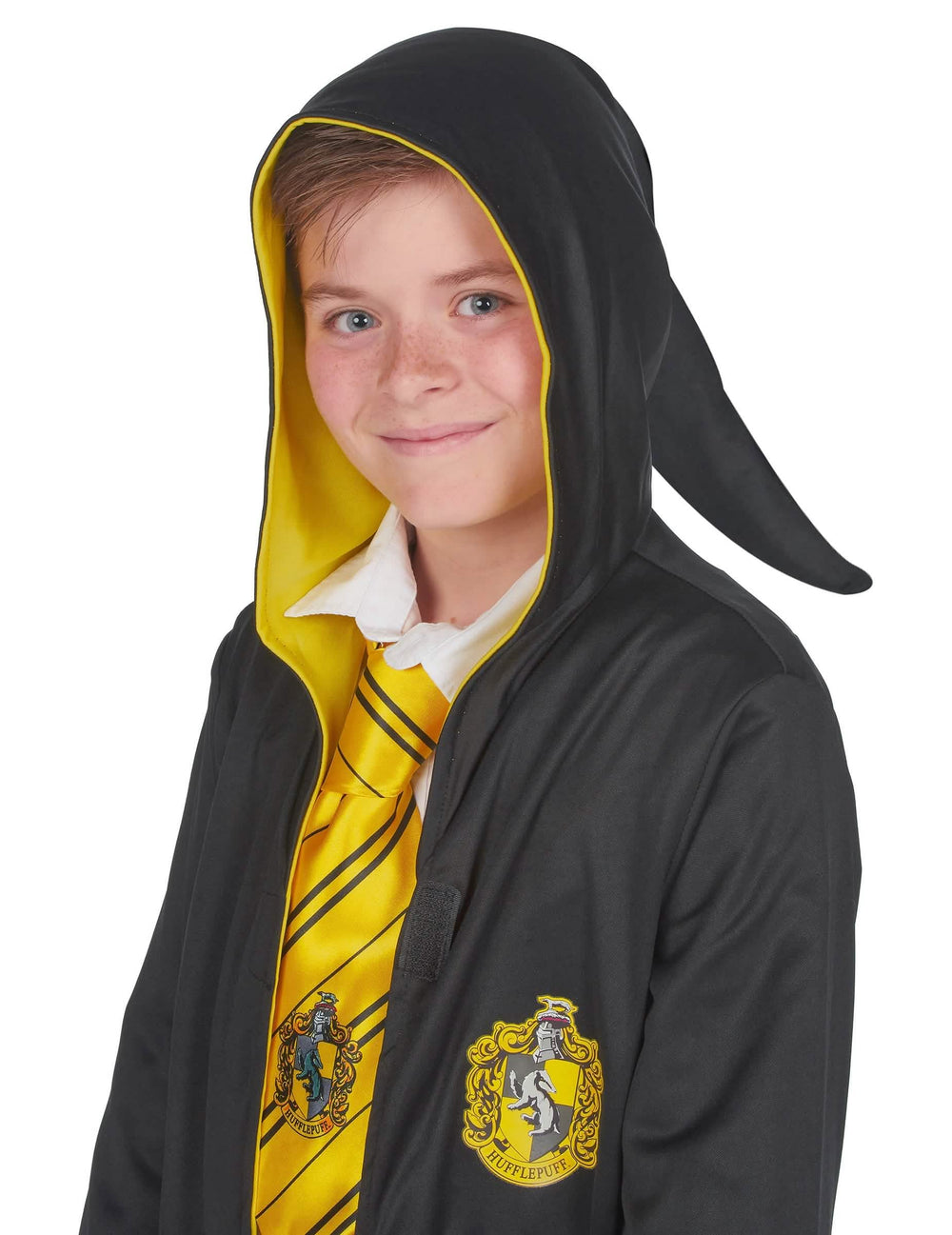Čelný pohľad na špicatú kapucňu klasického kostýmu Poufsouffle Harry Potter™ dieťaťai