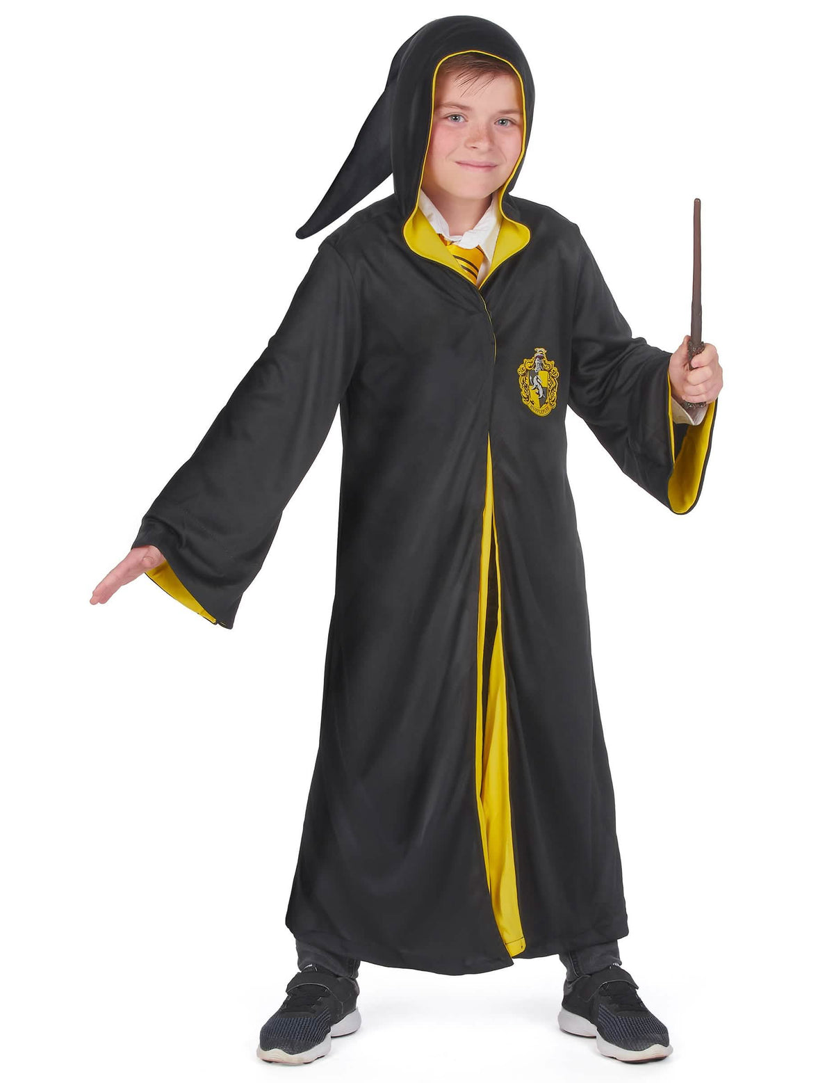 Pohľad spredu so špicatou kapucňou klasického kostýmu Poufsouffle Harry Potter pre dieťa