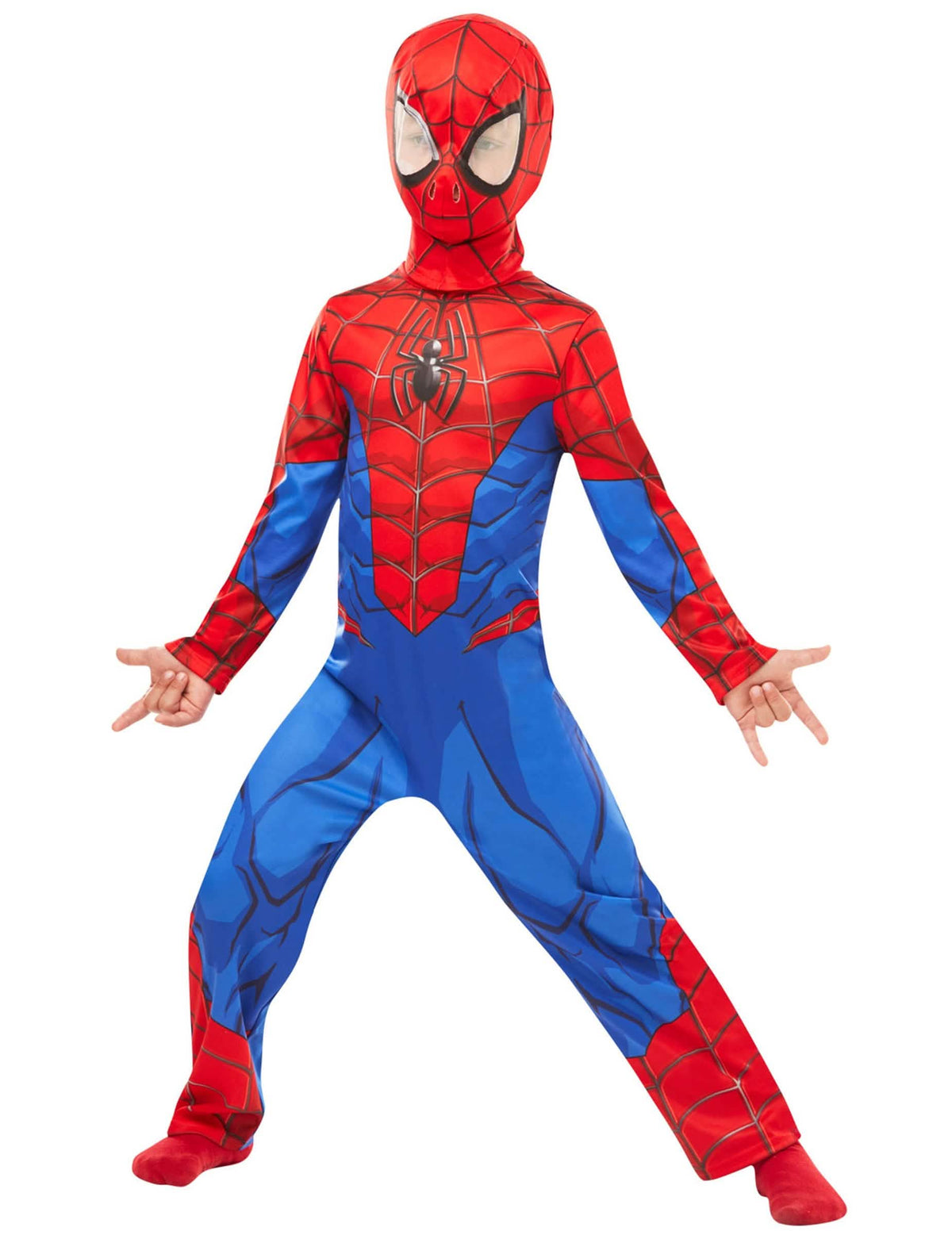 Predný pohľad na kombinézu a kuklu klasického kostýmu Spiderman pre dieťa