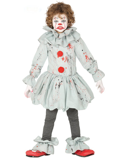 Déguisement de clown assassin pour garçon gris ensanglanté avec pompons rouges