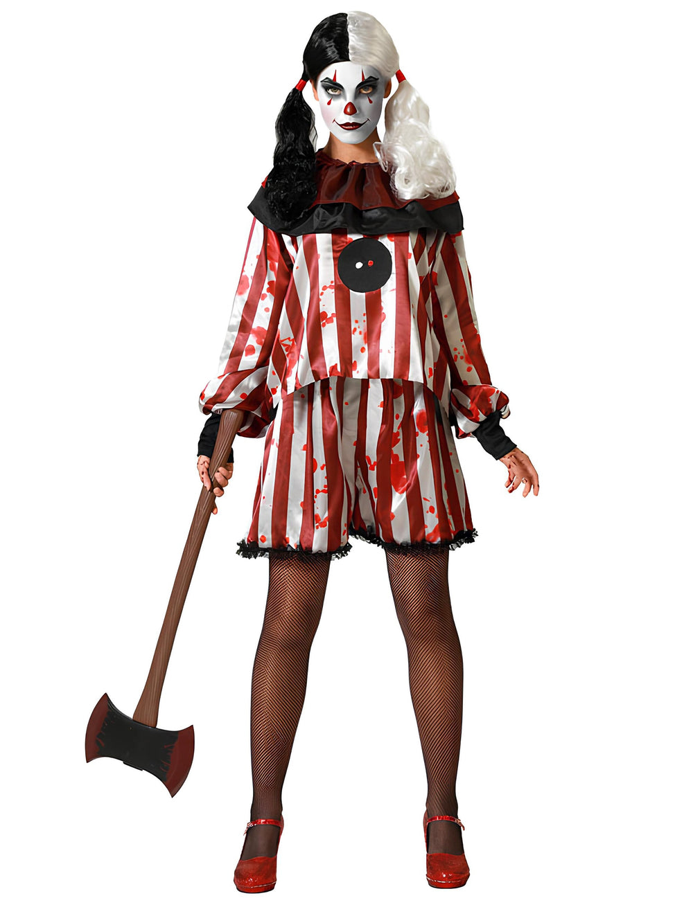 Déguisement Clown Cauchemardesque pour femme à rayures rouges et blanches ensanglantées