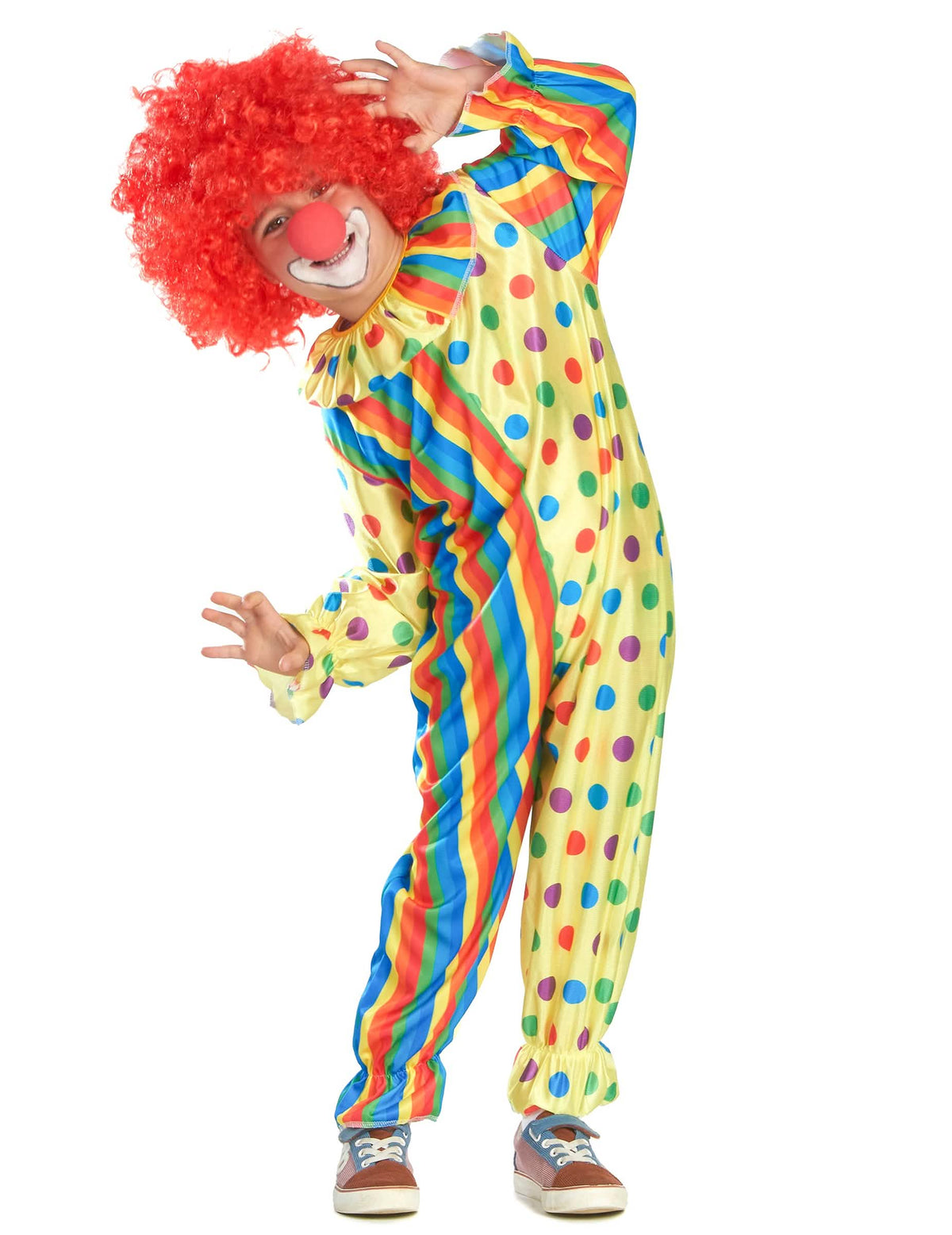 Farebný kostým klauna pre dieťa žltá s bodkami a multicolor pruhmi
