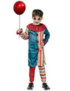 Déguisement clown coloré Halloween pour garçon bleu et rouge avec ballon rouge