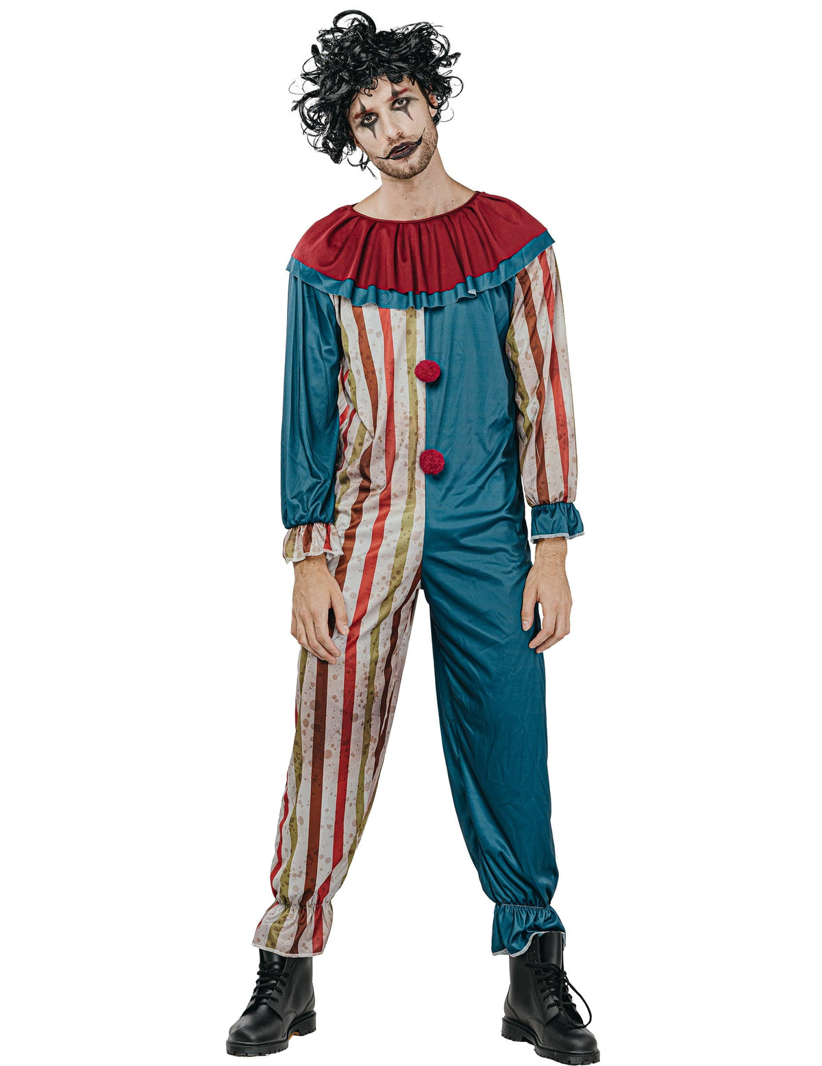 Déguisement clown tueur coloré Halloween pour homme bleu et rayures ensanglantées
