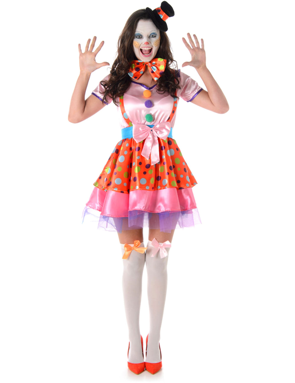 Déguisement de clown à pois coloré pour femme rose et orange avec mini chapeau et nœud papillon
