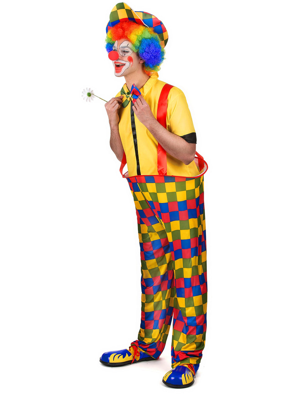 Vue de profil du déguisement de clown à carreaux colorés