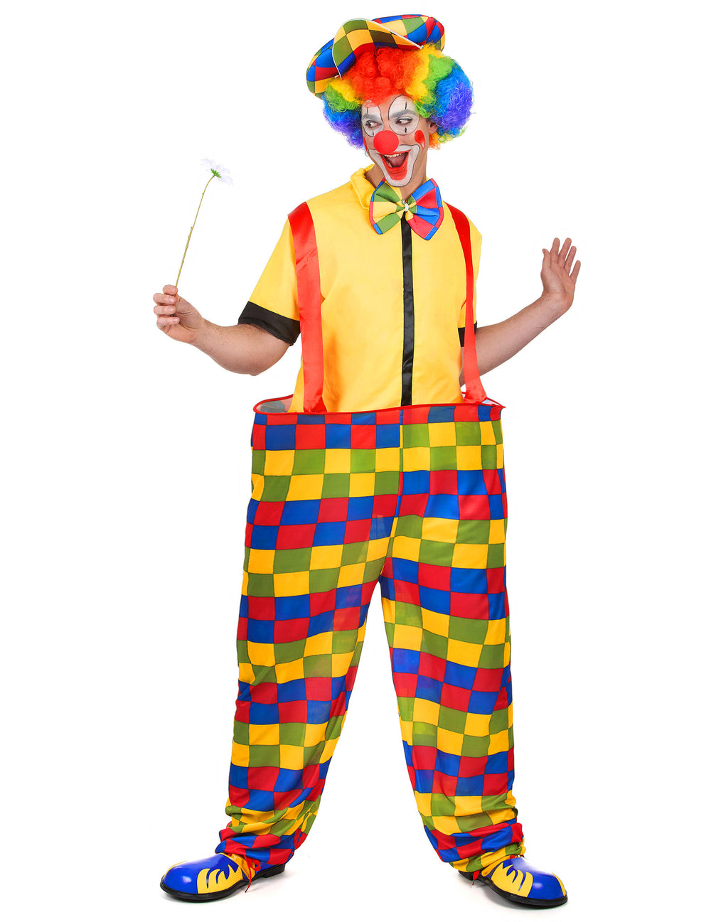 Déguisement de clown à carreaux colorés pour homme avec haut jaune et pantalon à damiers multicolores