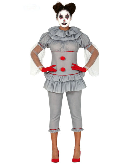 Déguisement de clown psychopathe pour femme gris avec pompons rouges