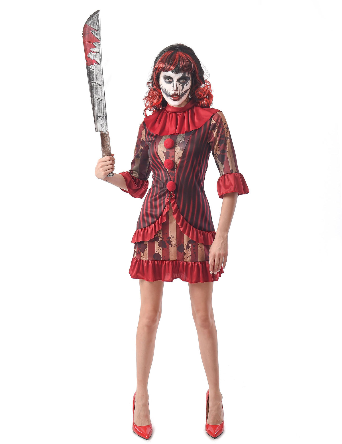 Déguisement de clown terrifiant pour femme rouge à rayures et taches de sang