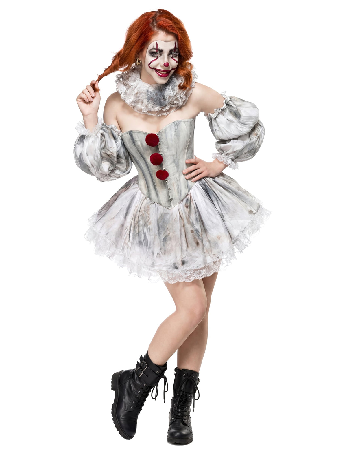 Déguisement clown terrifiant sexy luxe pour femme gris et blanc avec pompons rouges