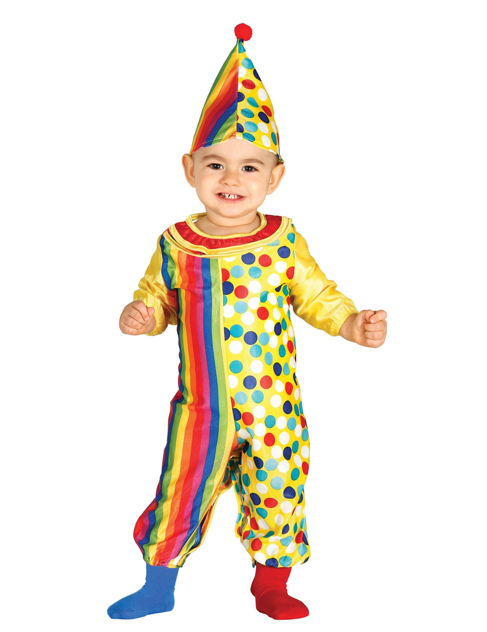Déguisement combinaison clown pour bébé multicolore à rayures et à pois avec chapeau