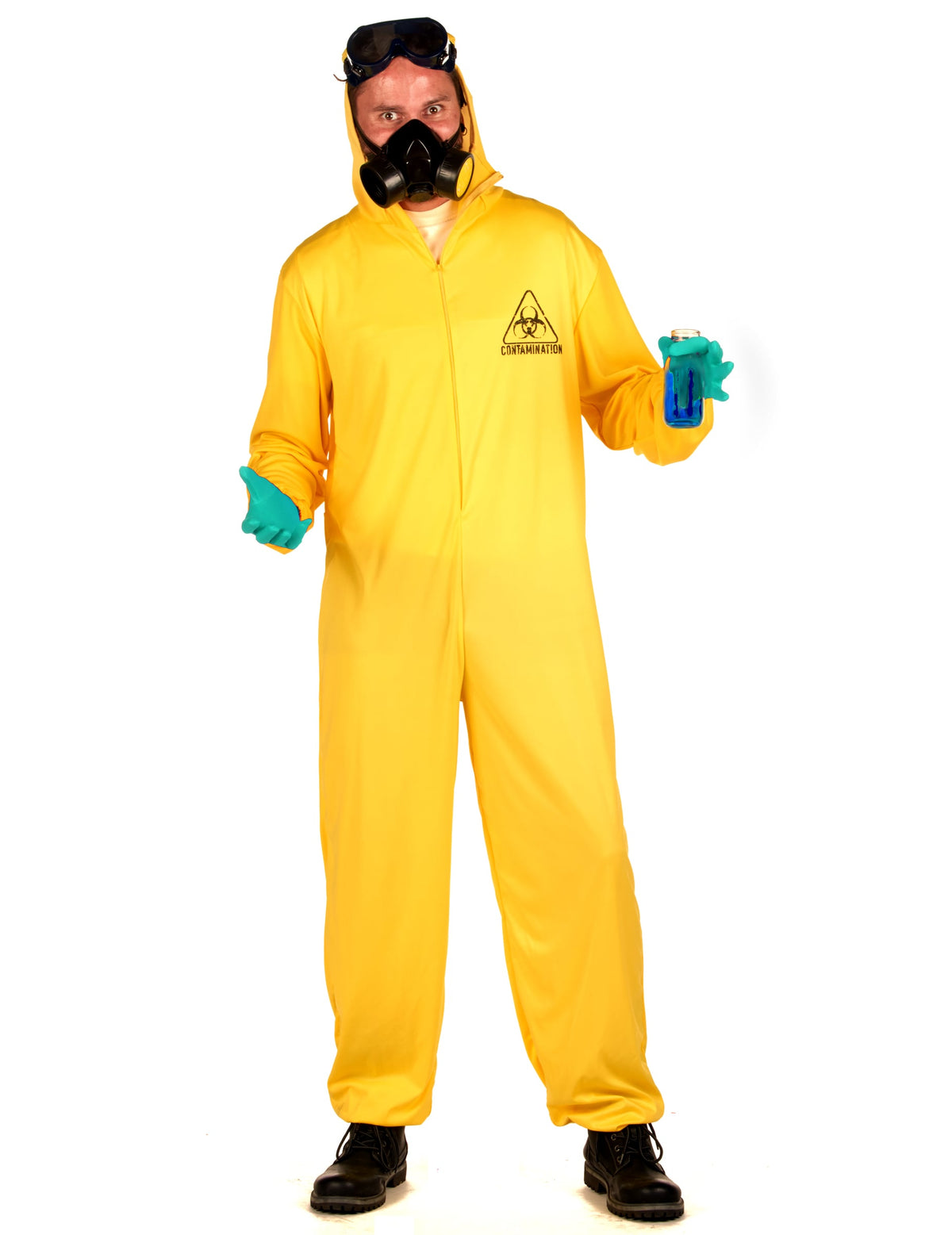 Vue de face avec accessoires du déguisement combinaison contamination pour adulte