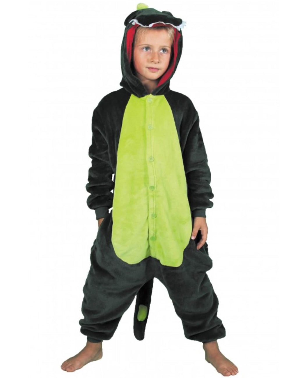 Kostým kombinéza dino pre dieťa zelená s kapucňou a chvostom